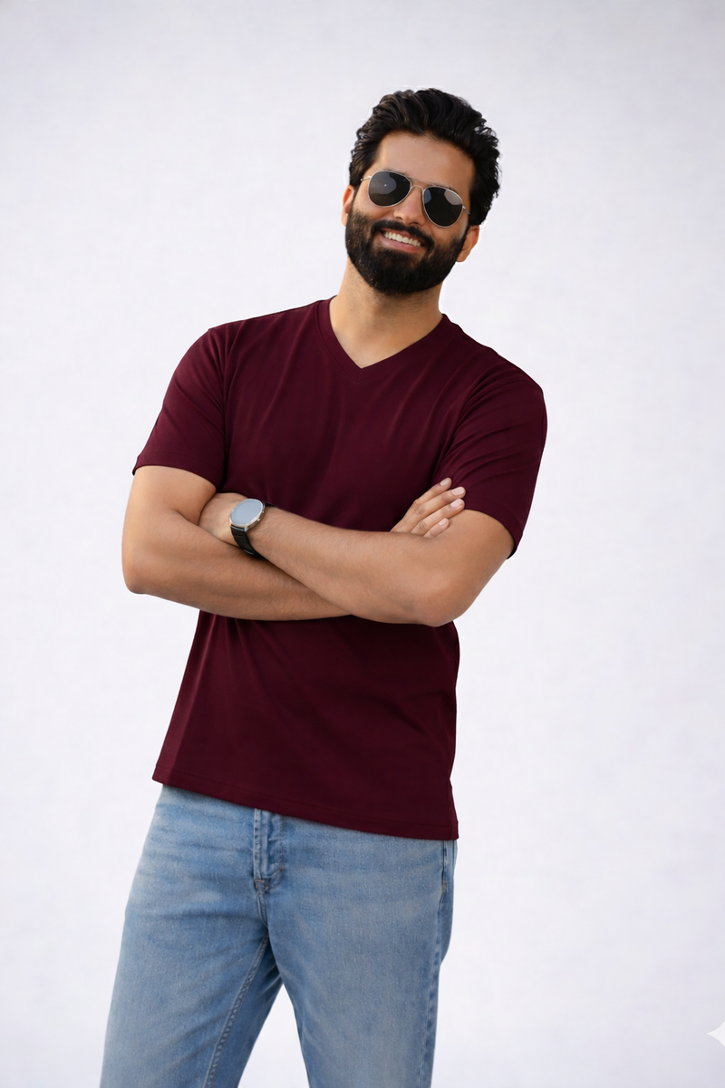 Maroon V-Neck Tees for Men
