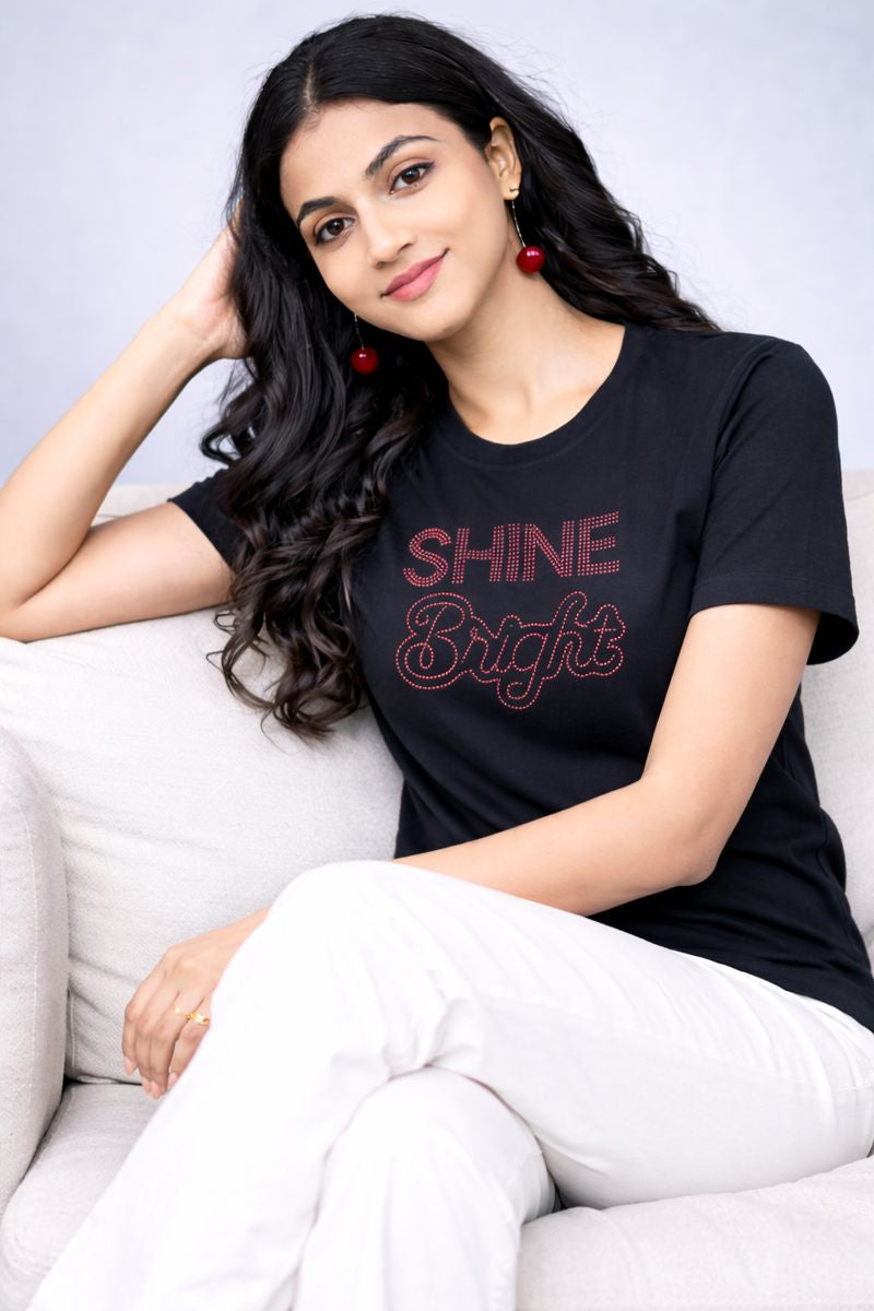 Black"Shine Bright" Tees For Women