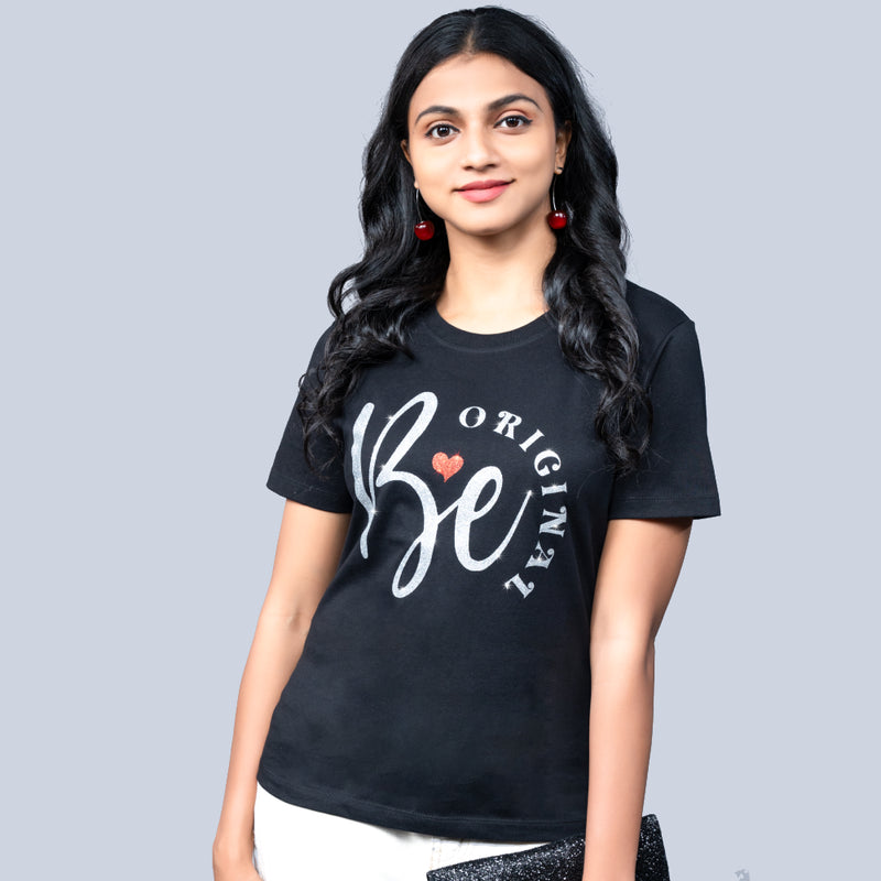 Black women’s tee front close-up with glitter 'Be Original' motif
