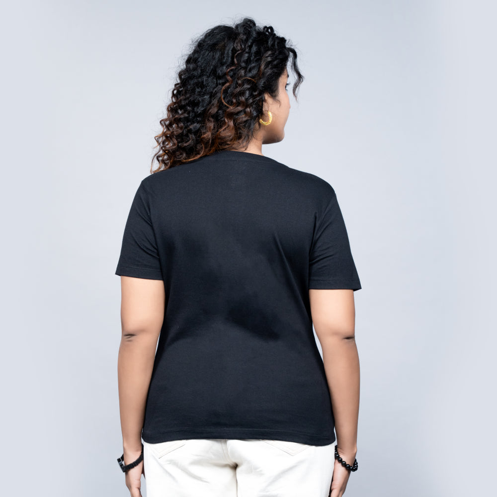 Back view of black women's tee, plain back, premium cotton
