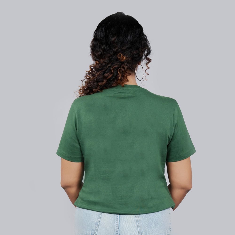 Back view of bottle green women’s tee, plain back, soft premium cotton