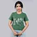 Bottle green women’s tee front close-up with glitter paw print motif