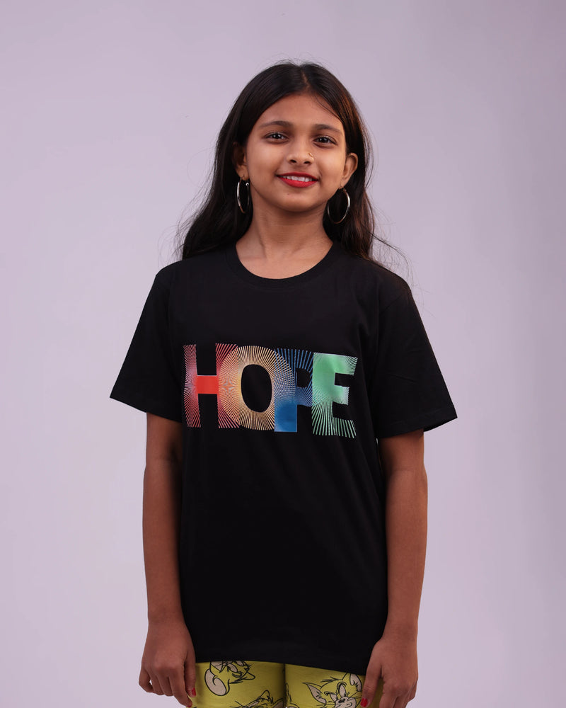 Close-up of glitter “Hope” print on black unisex kids tee – Center Stage India