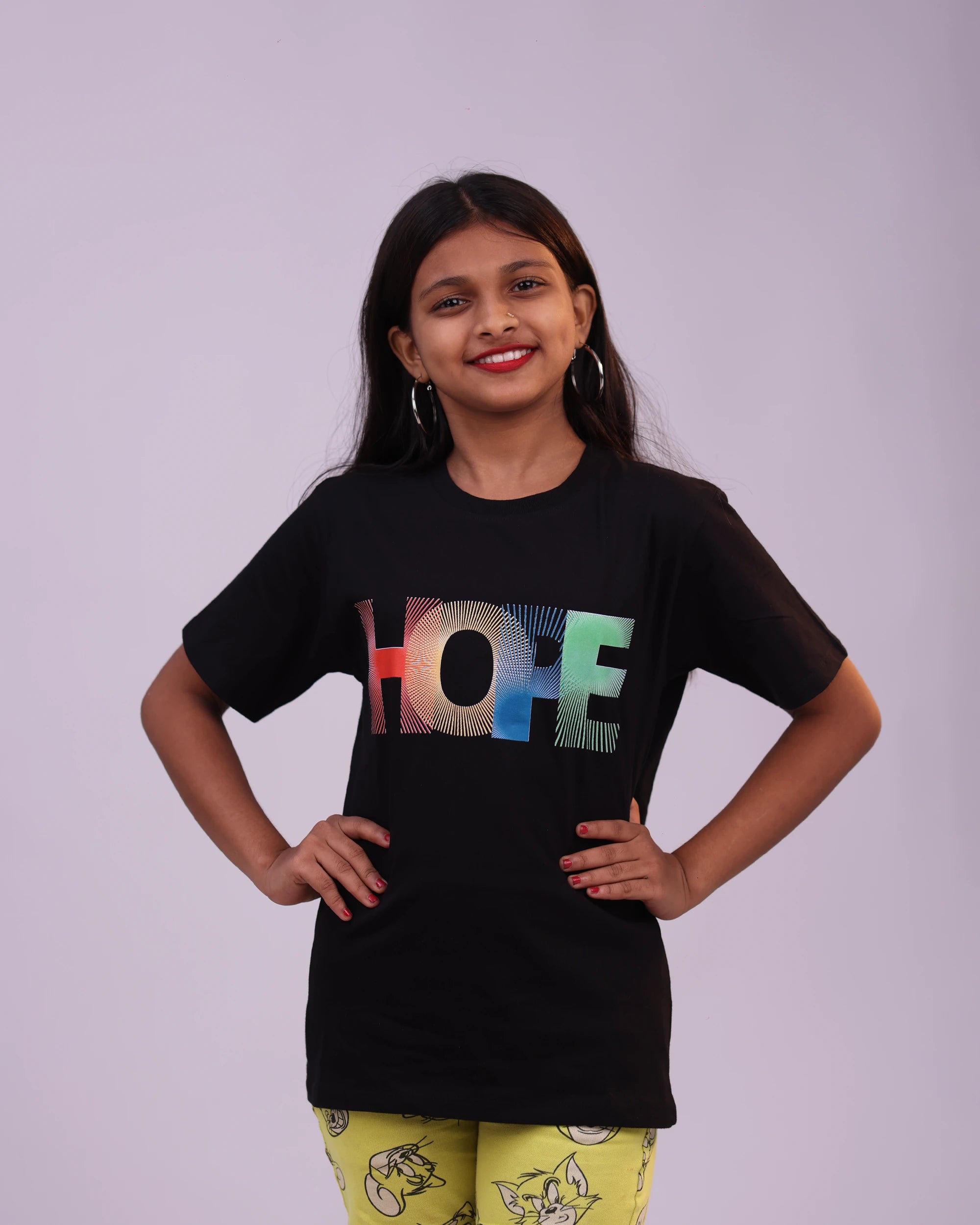 Black “Hope” unisex kids t-shirt front view – premium cotton glitter print in India