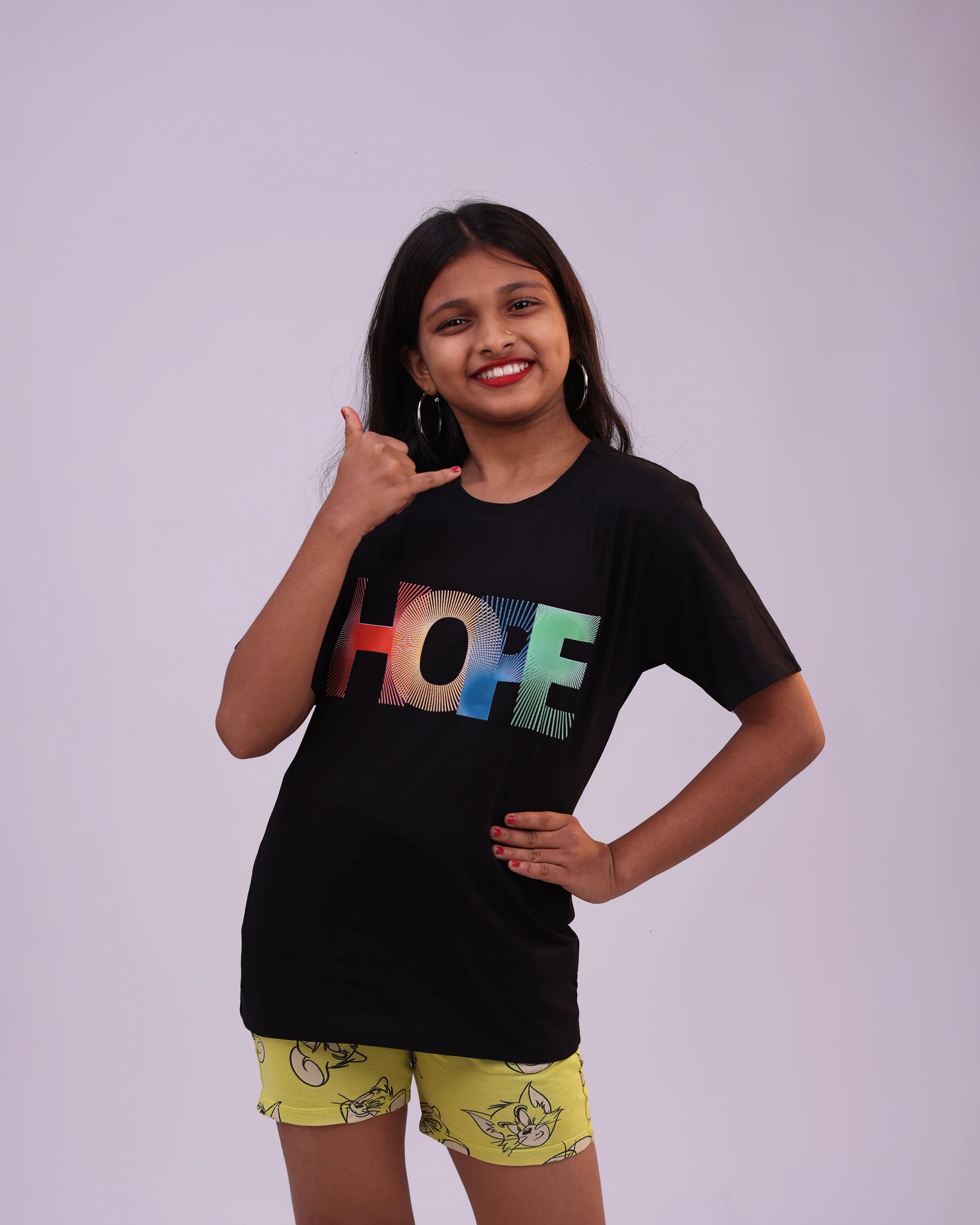 Stylish side view of black “Hope” tee for boys & girls – comfortable cotton kidswear India
