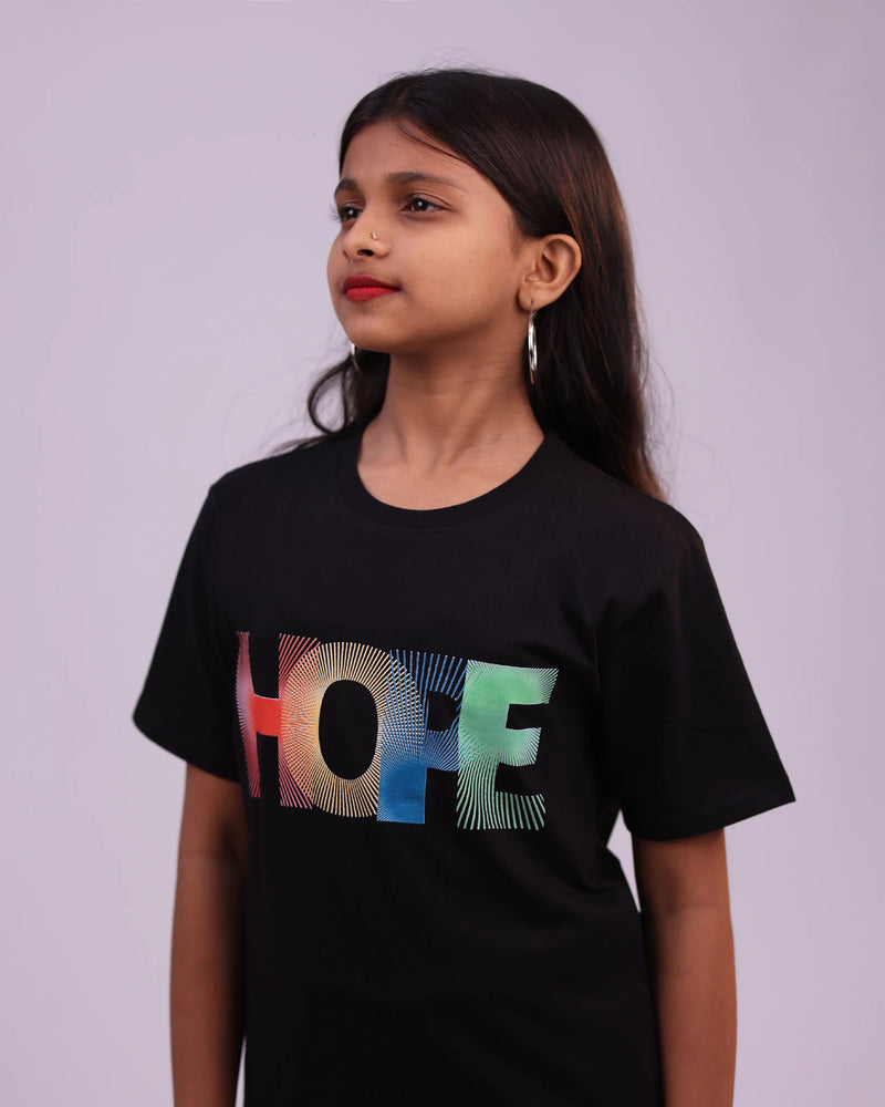 Kids wearing black “Hope” tee – casual unisex fashion for boys & girls India