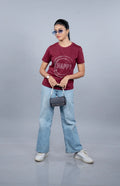 Maroon “Be Happy” Stone-Embellished Tee for Women
