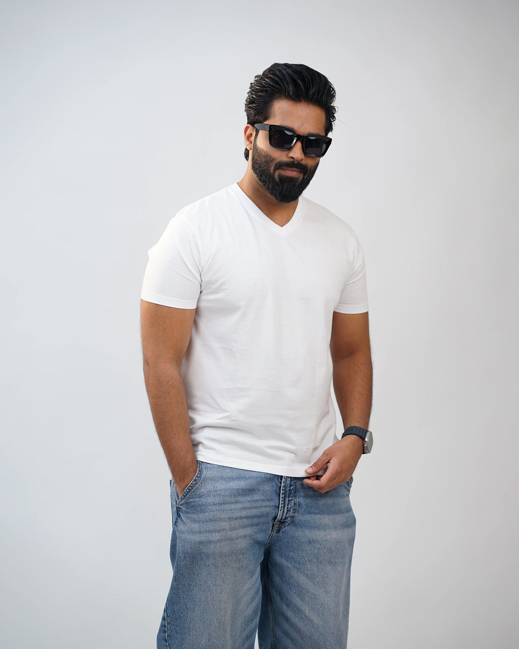 White V-Neck T-Shirt – Casual Sitting Pose for Men
