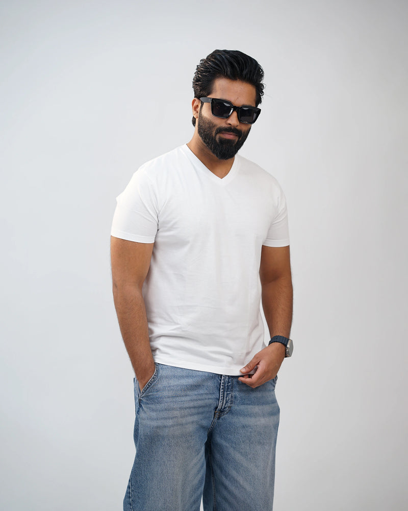 White V-Neck T-Shirt – Casual Sitting Pose for Men
