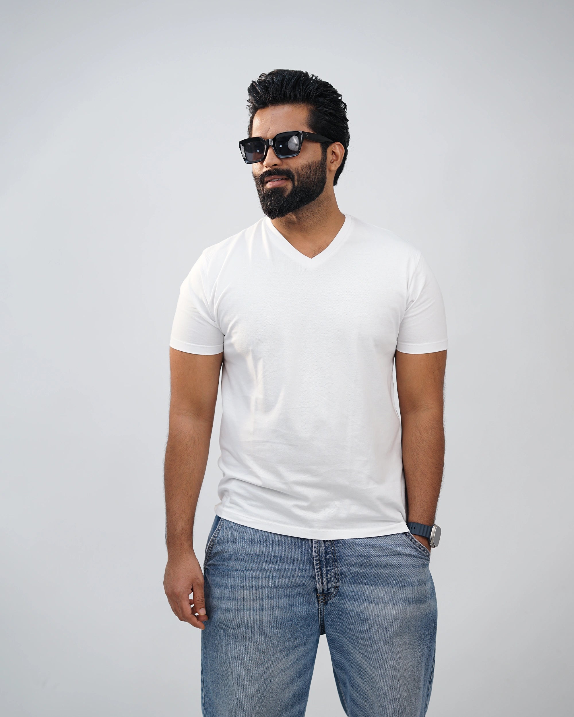 White V-Neck T-Shirt – Close-Up of Neckline and Fabric