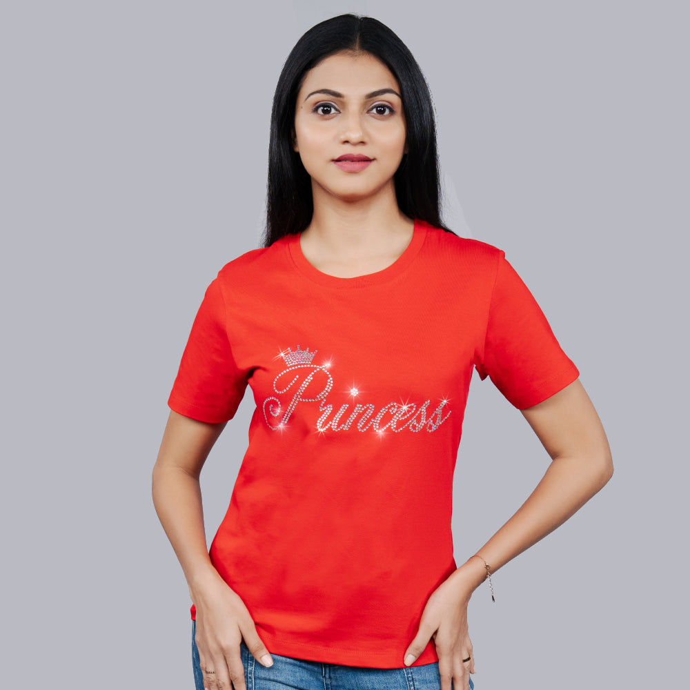 Front close-up of red 'Princess' tee with glittery 'Princess' text and crown