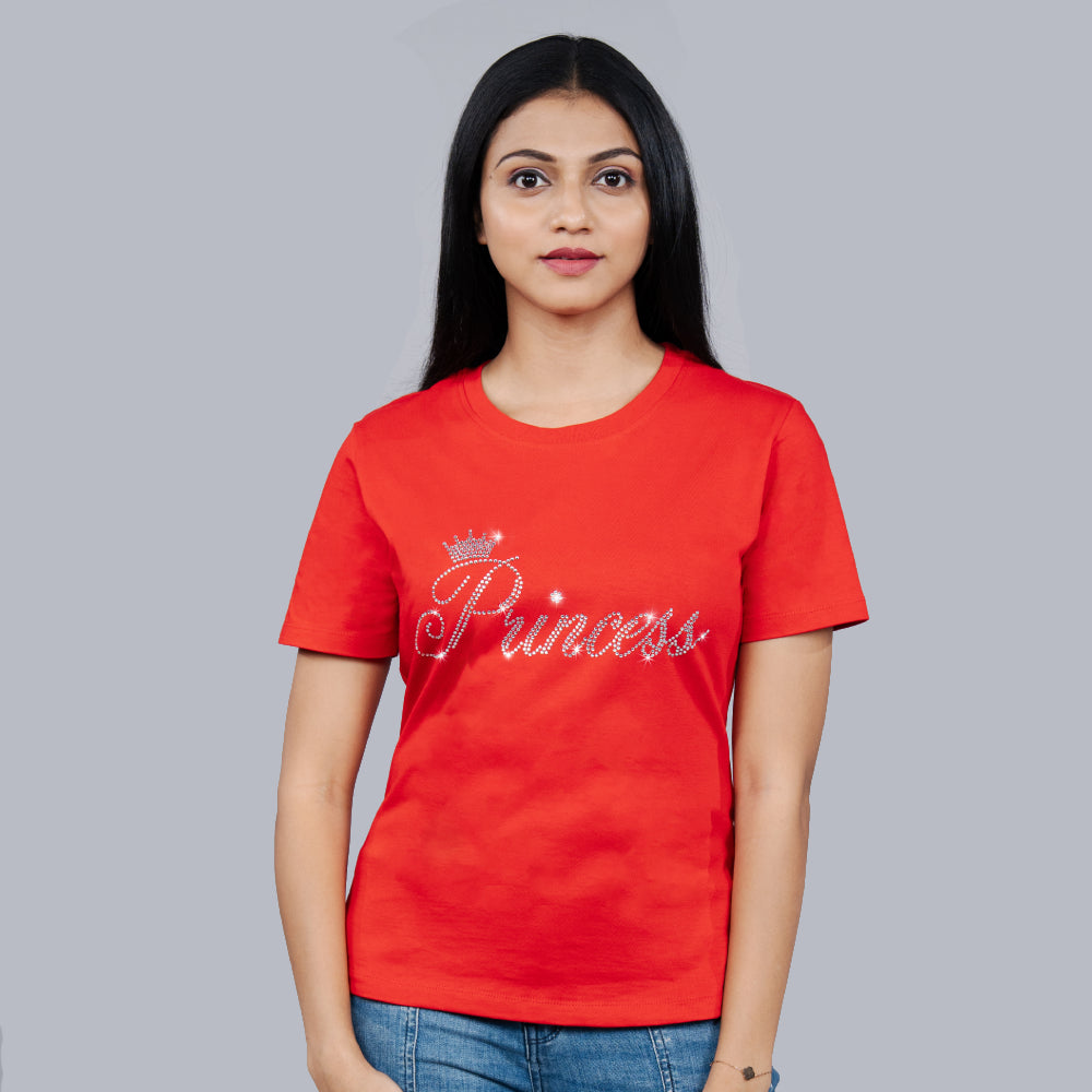 Side angle view of red 'Princess' tee showing soft fit and crown detail