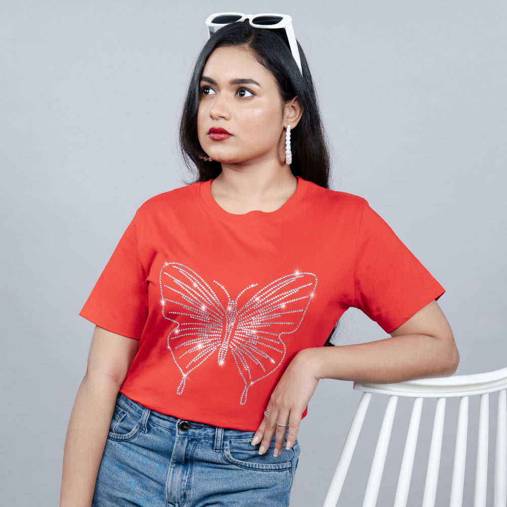 Red Butterfly Stone Embellished Bling Tee for Women | Center Stage