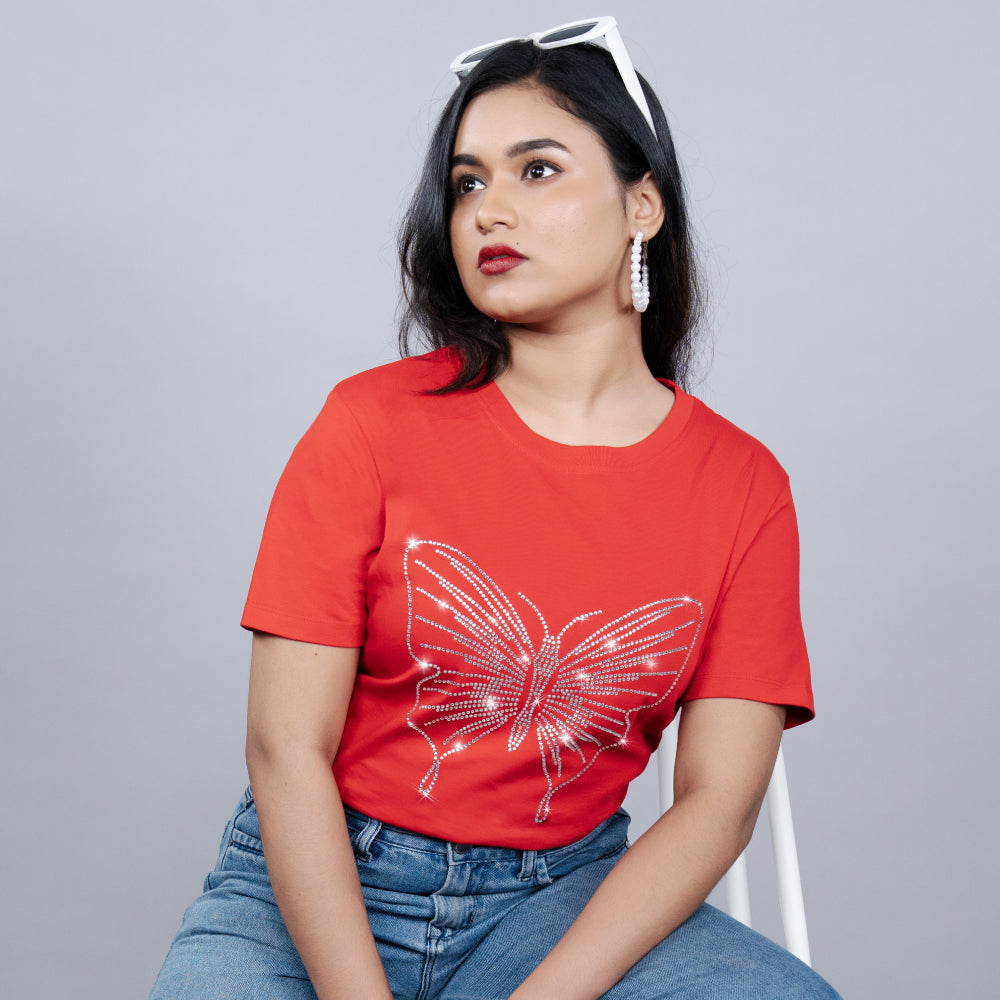 Red Butterfly Stone Embellished Bling Tee for Women | Center Stage