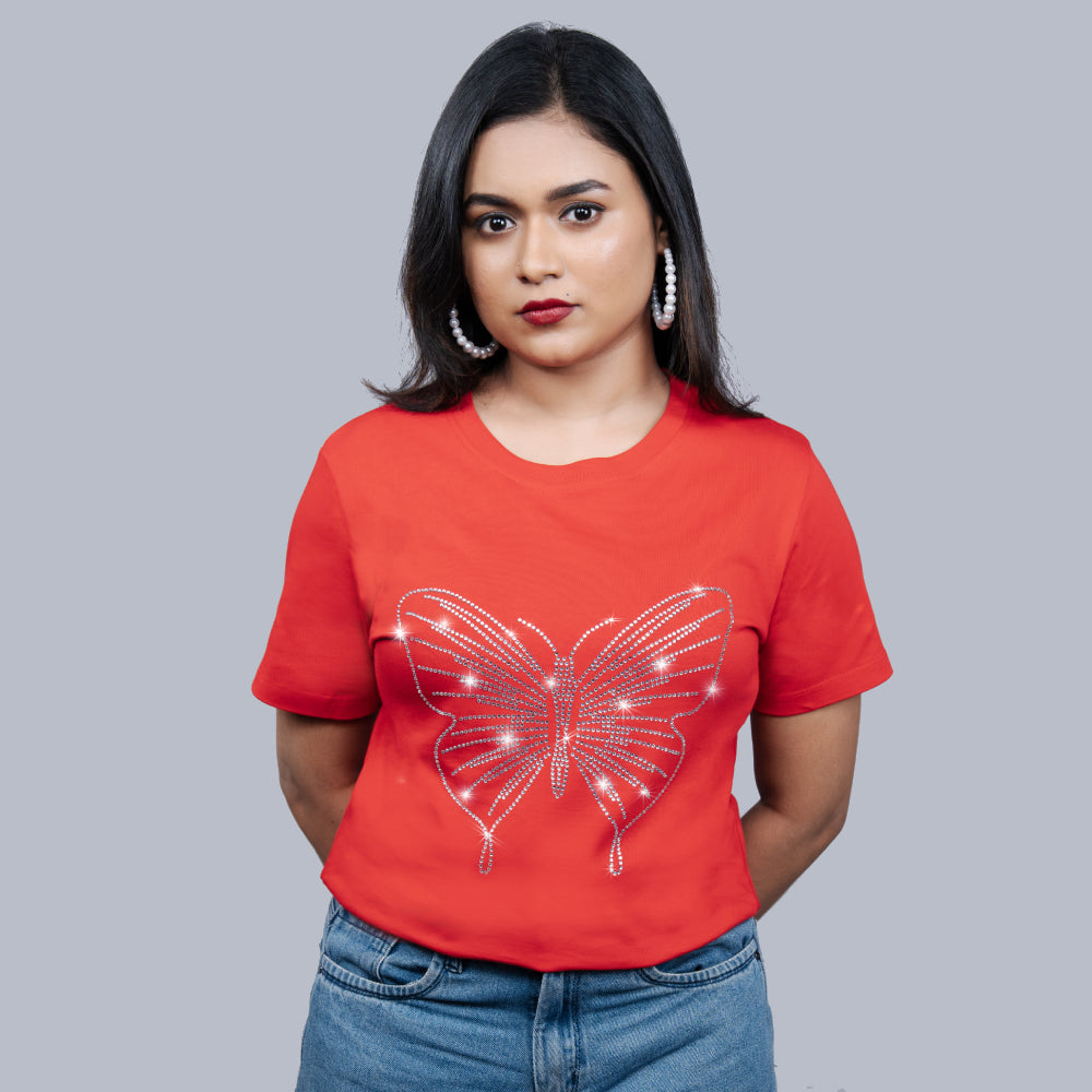 Red Butterfly Stone Embellished Bling Tee for Women | Center Stage