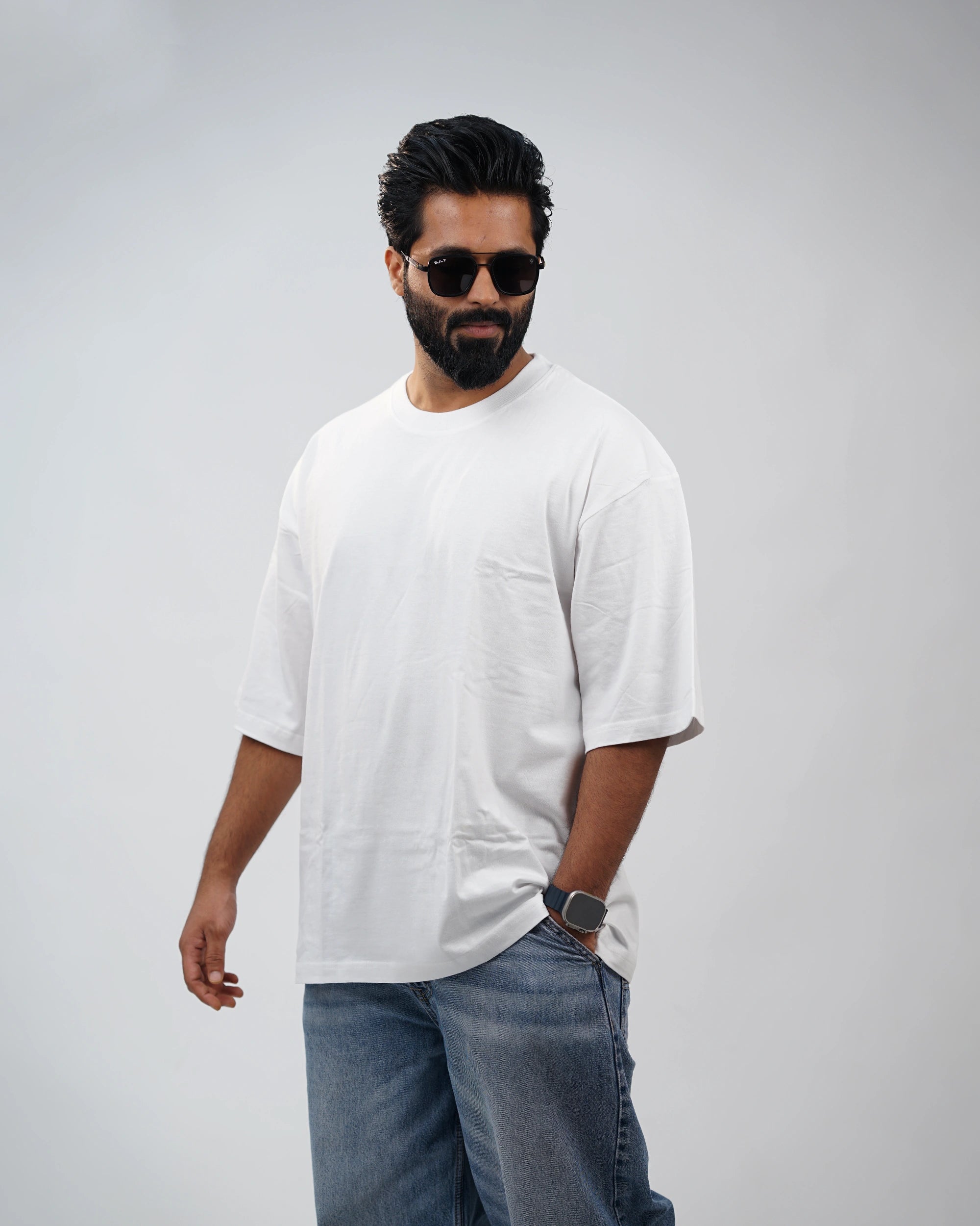Relaxed view of Oversized White Tee for Men – Classic fit casual wear in India
