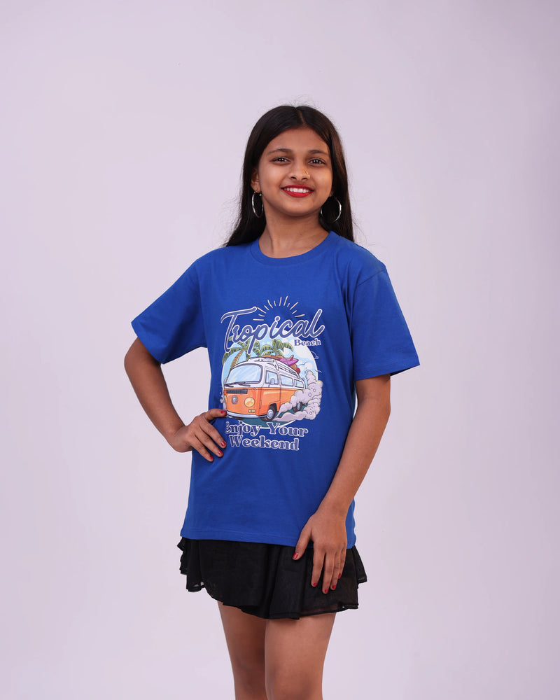 Royal Blue Tropical Beach kids t-shirt front view – unisex tee India