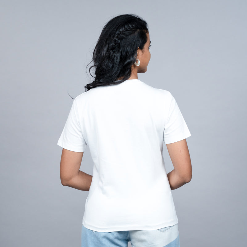 Back design of white Be Happy t-shirt for women