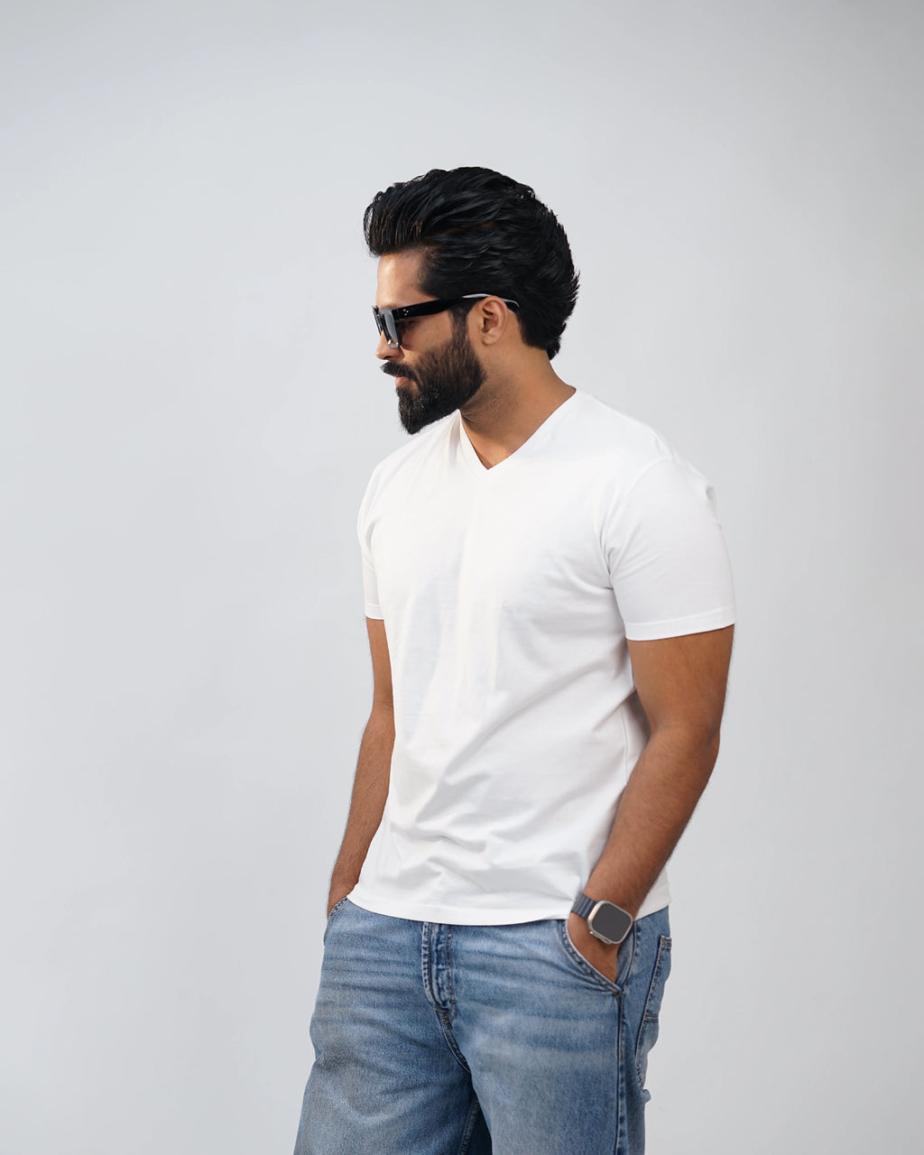 Men’s White V-Neck Tee – Minimal Side Profile