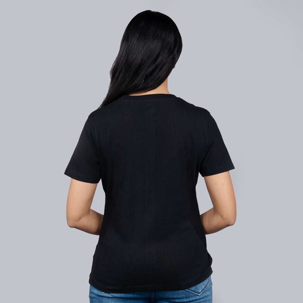 Back view of black women’s tee—plain back, premium cotton