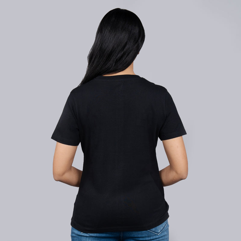 Back view of black women’s tee—plain back, premium cotton