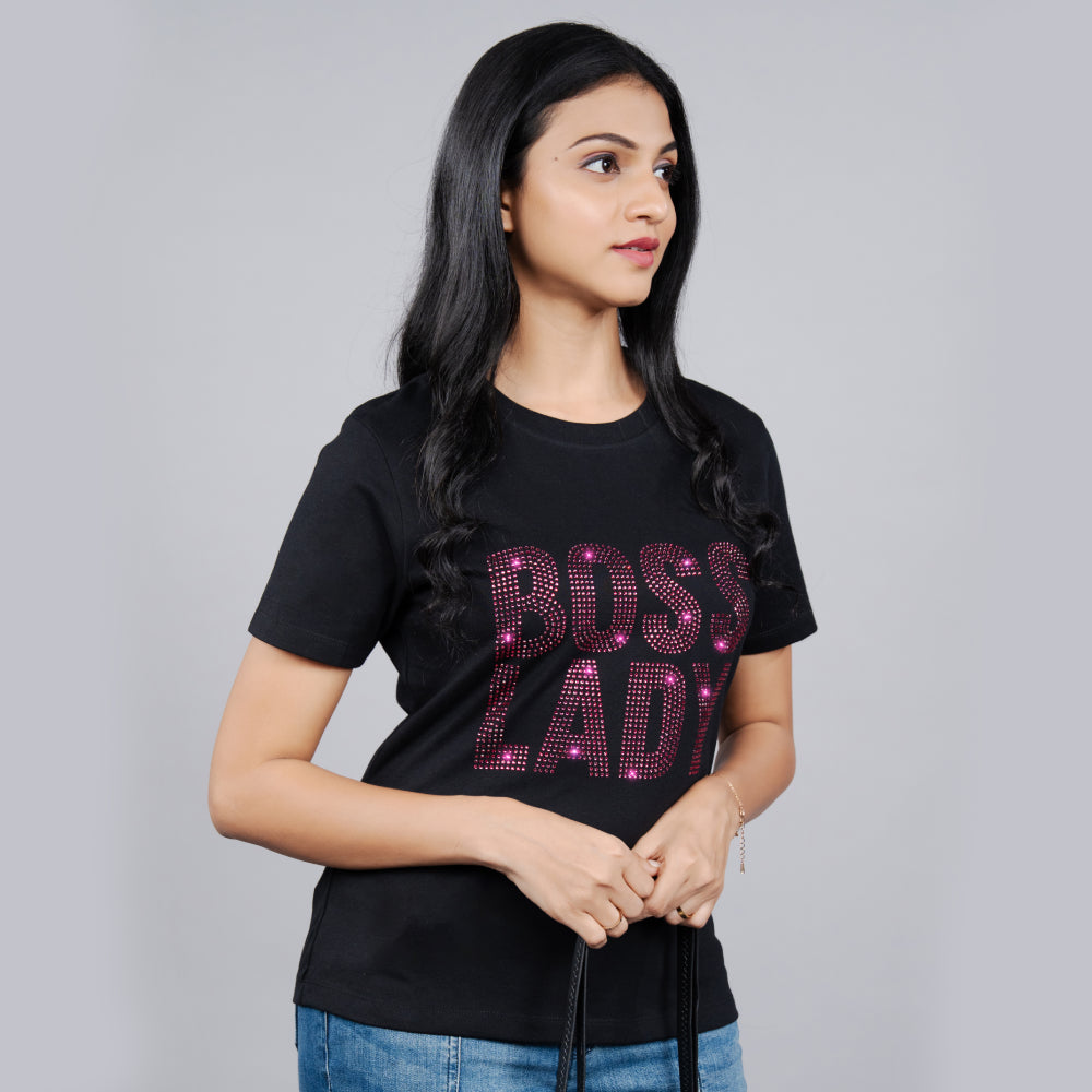 Side view of black “Boss Lady” tee on model—glitter text and comfy fit