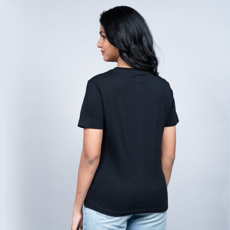 Back view of black “Bride” tee for women highlighting smooth cotton finish and relaxed fit