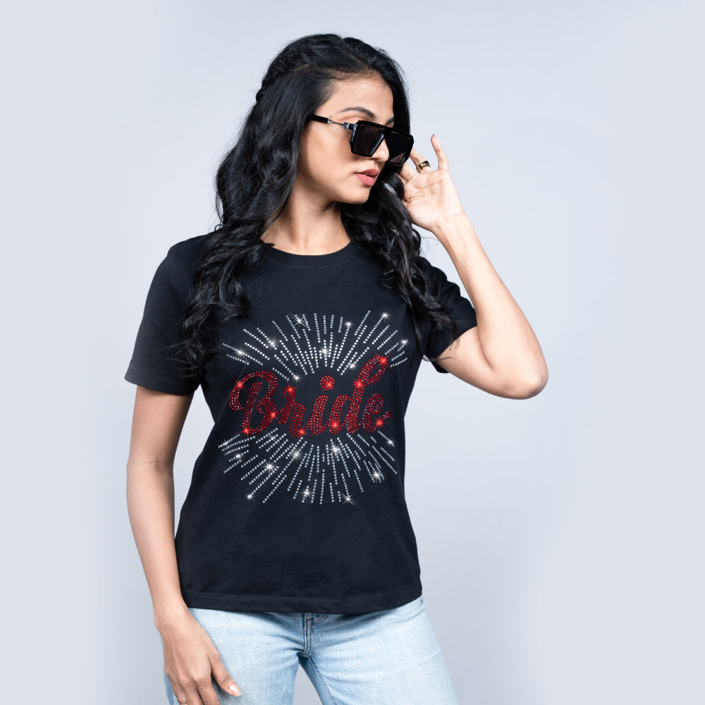 Side angle of black “Bride” tee highlighting relaxed fit and sparkling Bride text