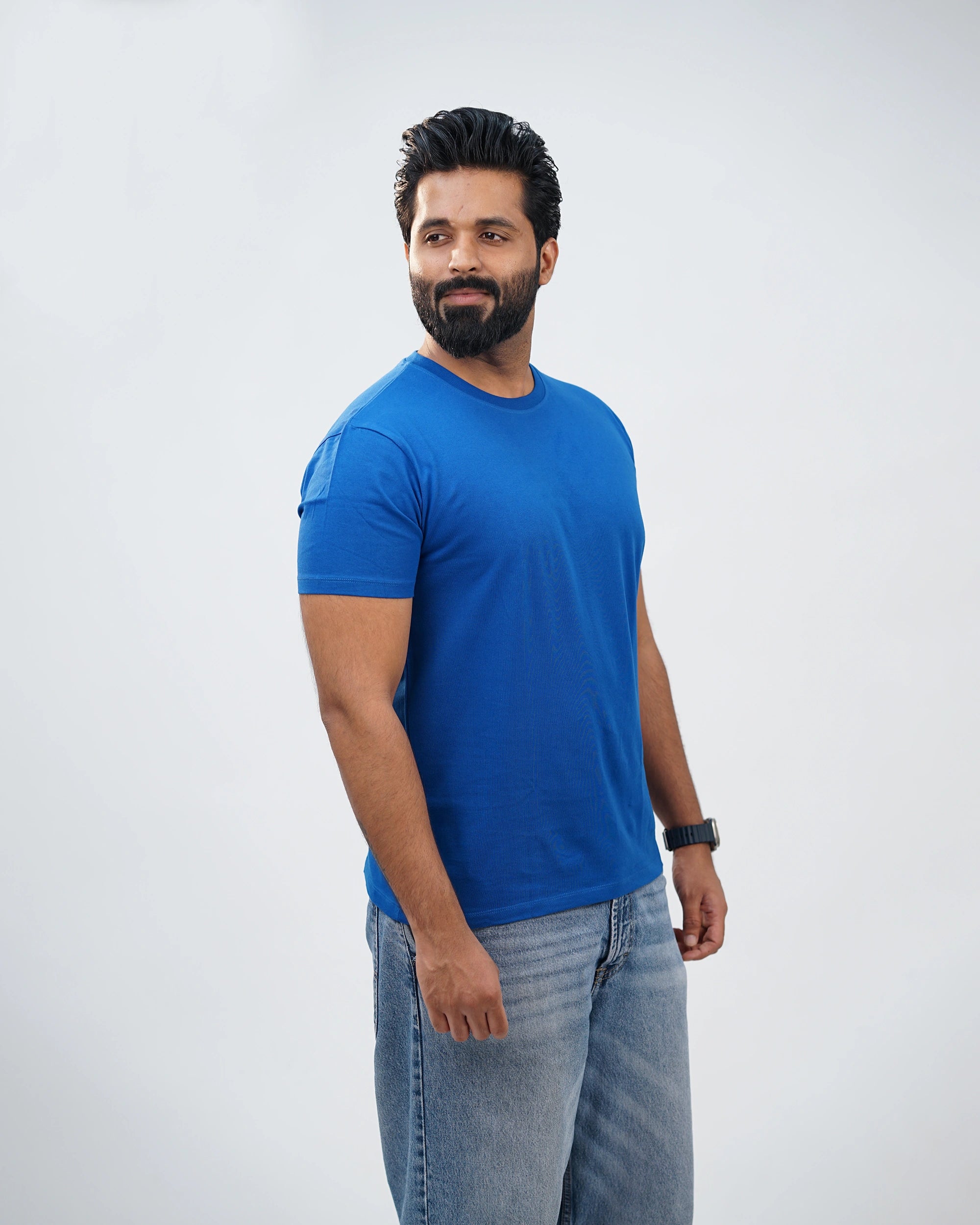 Close-up of royal-blue tee highlighting soft cotton weave and premium stitching