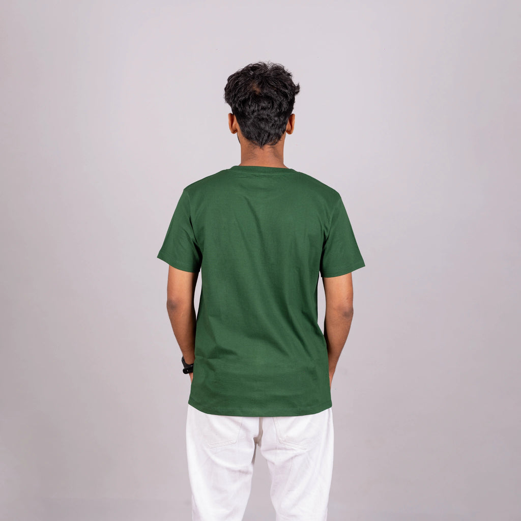 Back view of bottle green tee showing smooth silhouette and premium cotton drape
