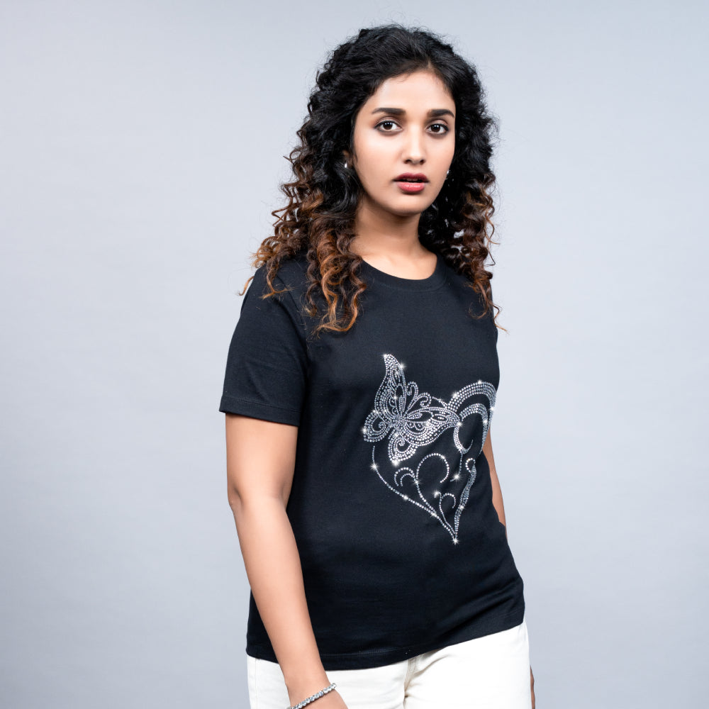 Black Heart Butterfly women’s tee front close-up of glitter butterfly heart design