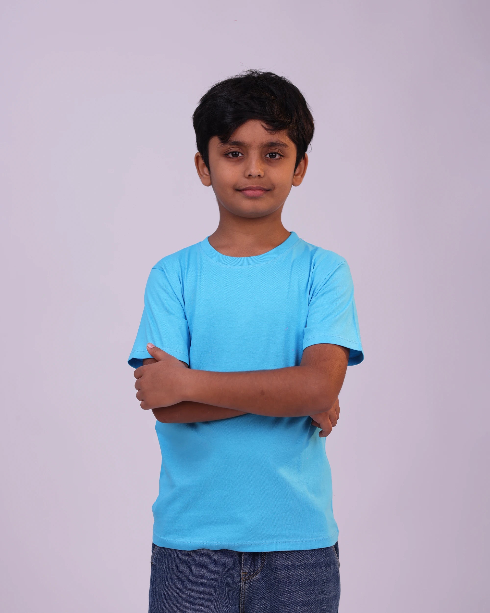 Sky-blue plain kids tee front view—unisex soft cotton