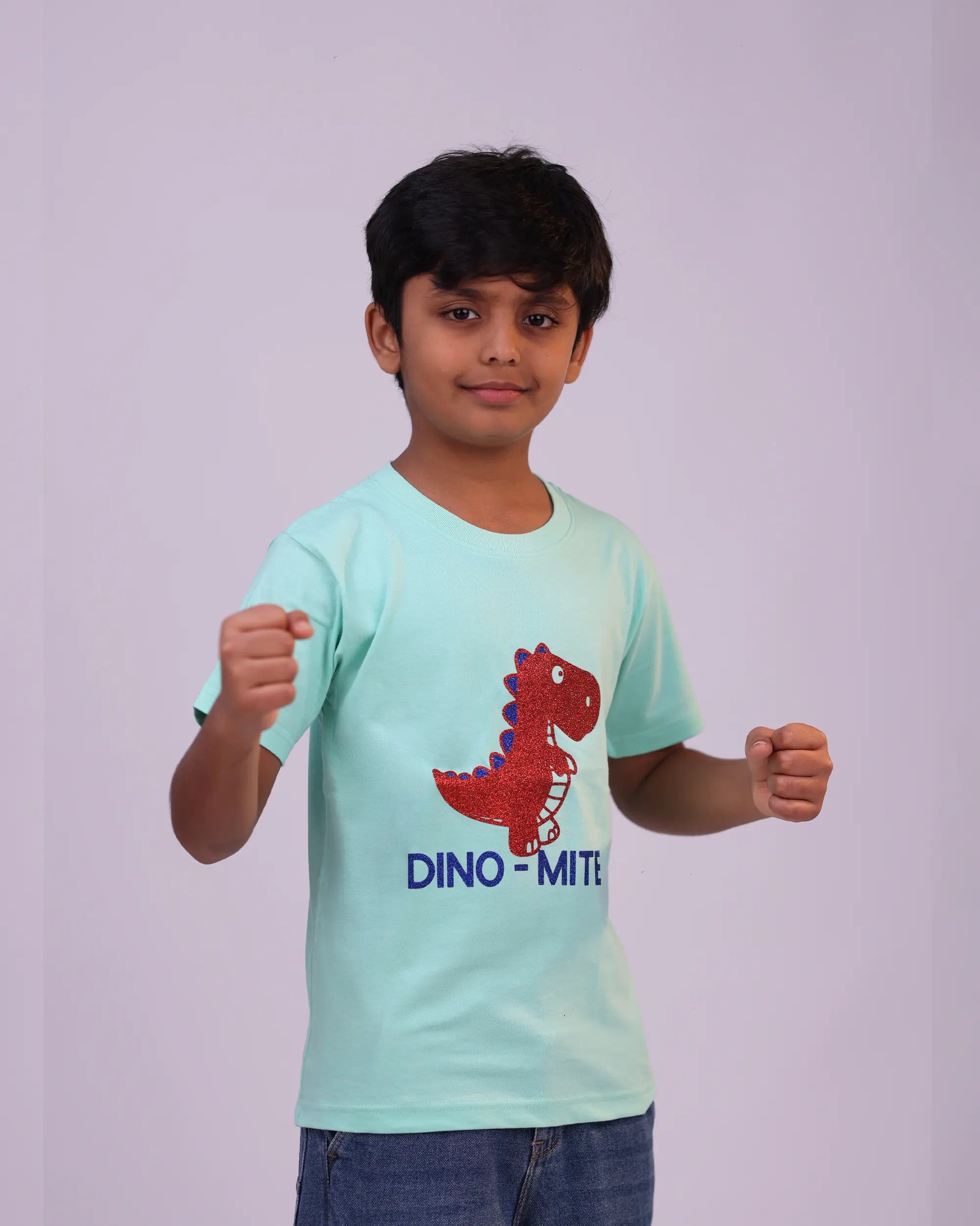 Side profile of Dino-mite mint green kids unisex t-shirt