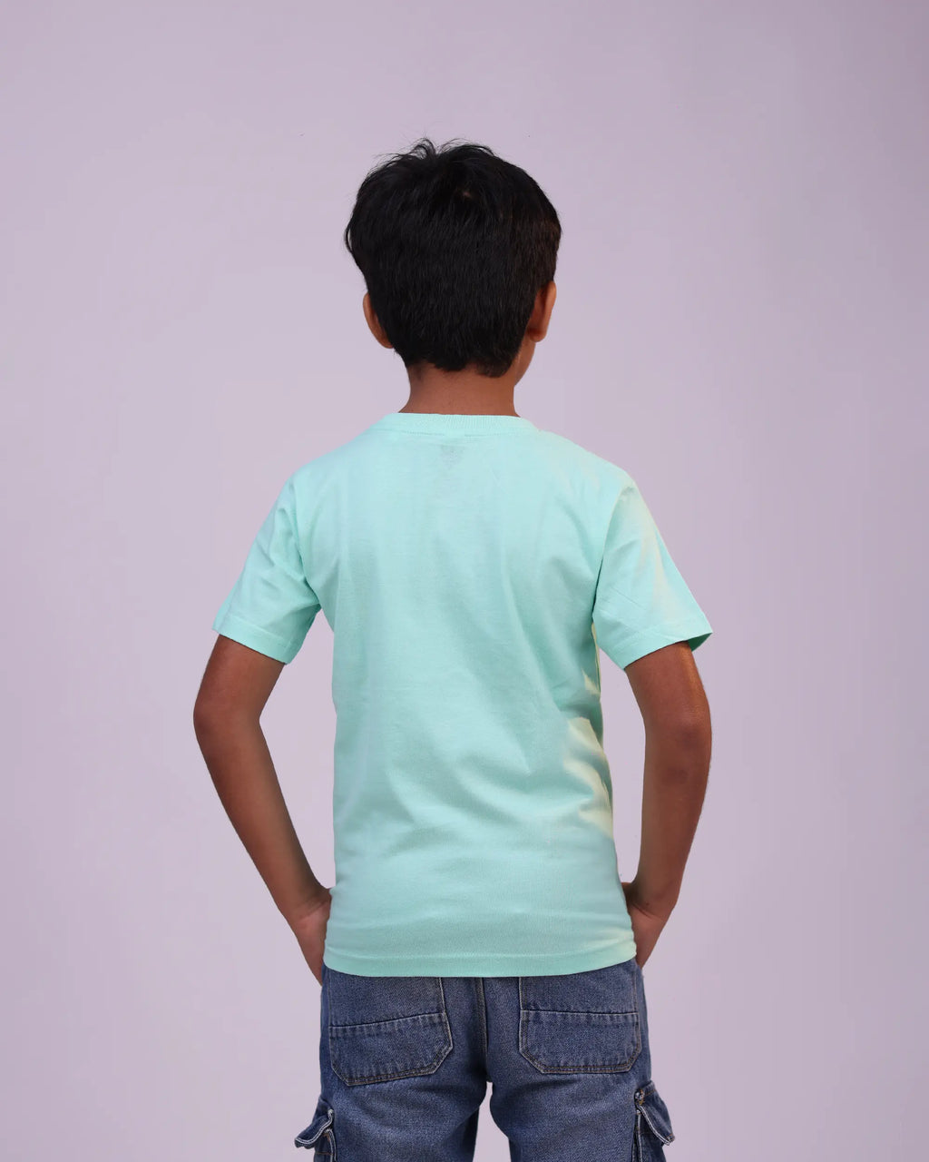 Back view of Dino-mite kids unisex mint green graphic t-shirt
