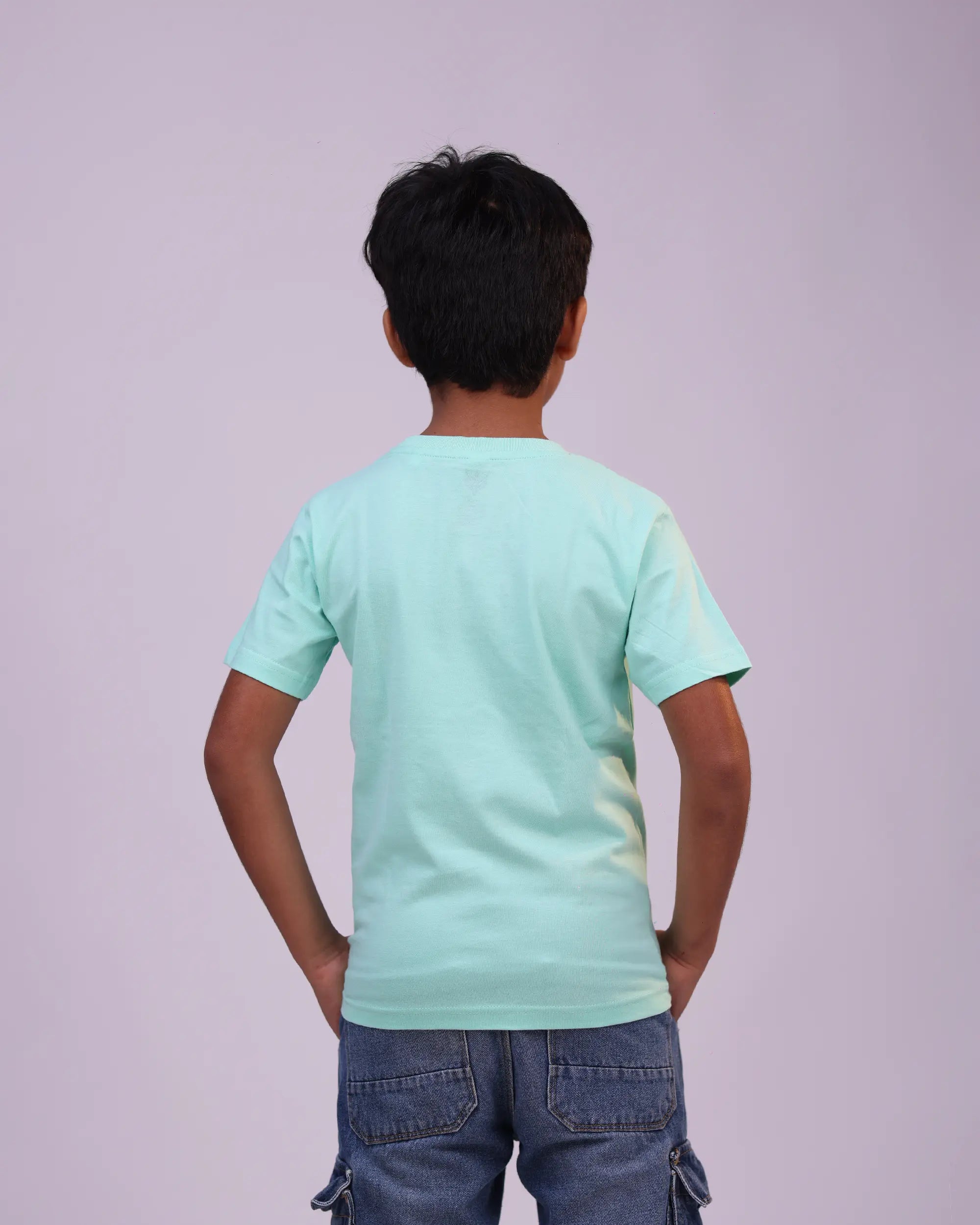 Back view of Dino-mite kids unisex mint green graphic t-shirt