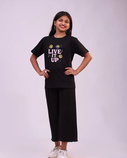 Kids unisex “Live It Up” tee front view — playful graphic, comfy cotton for India