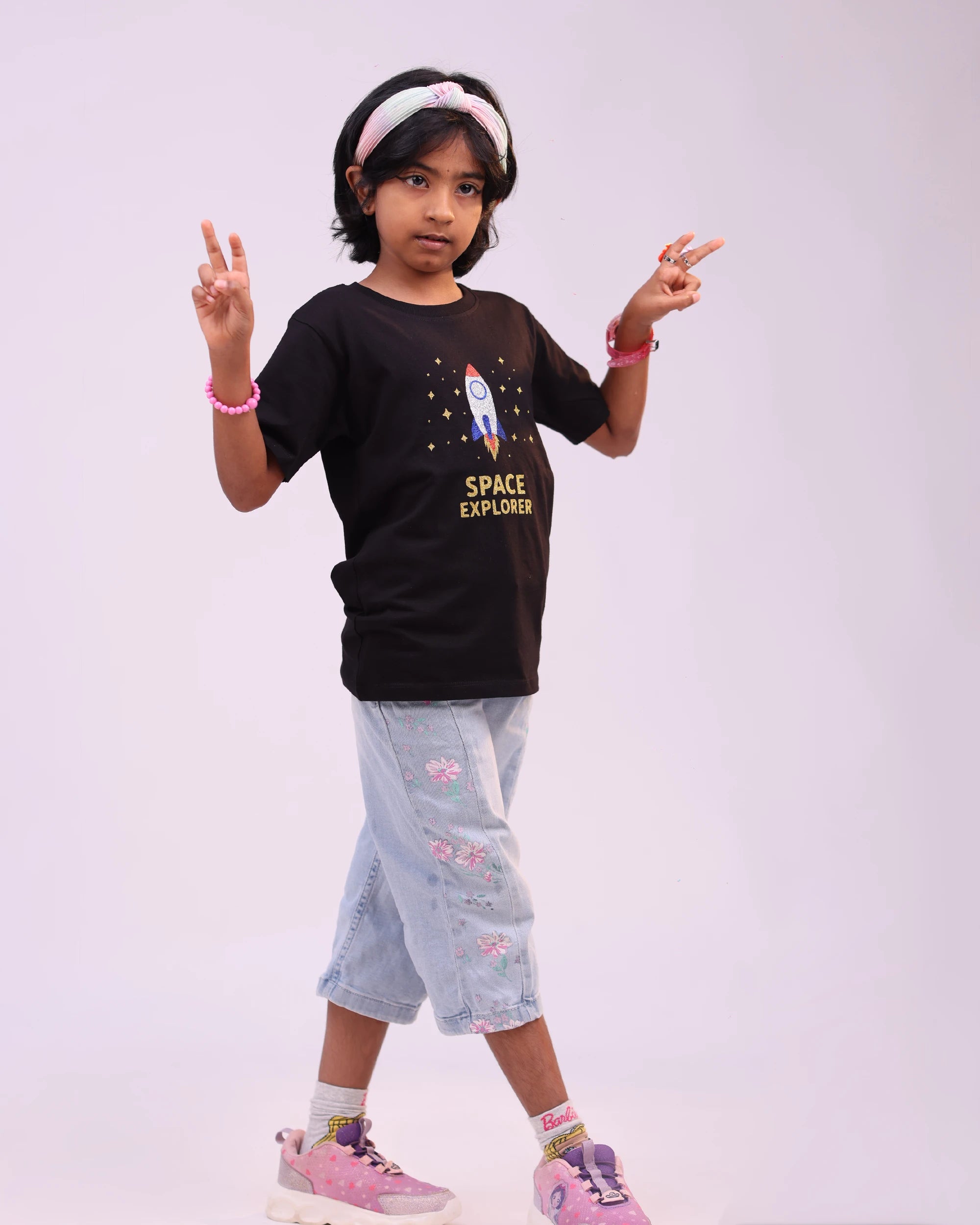 Girls “Space Explorer” tee front view—friend for stargazers in soft cotton