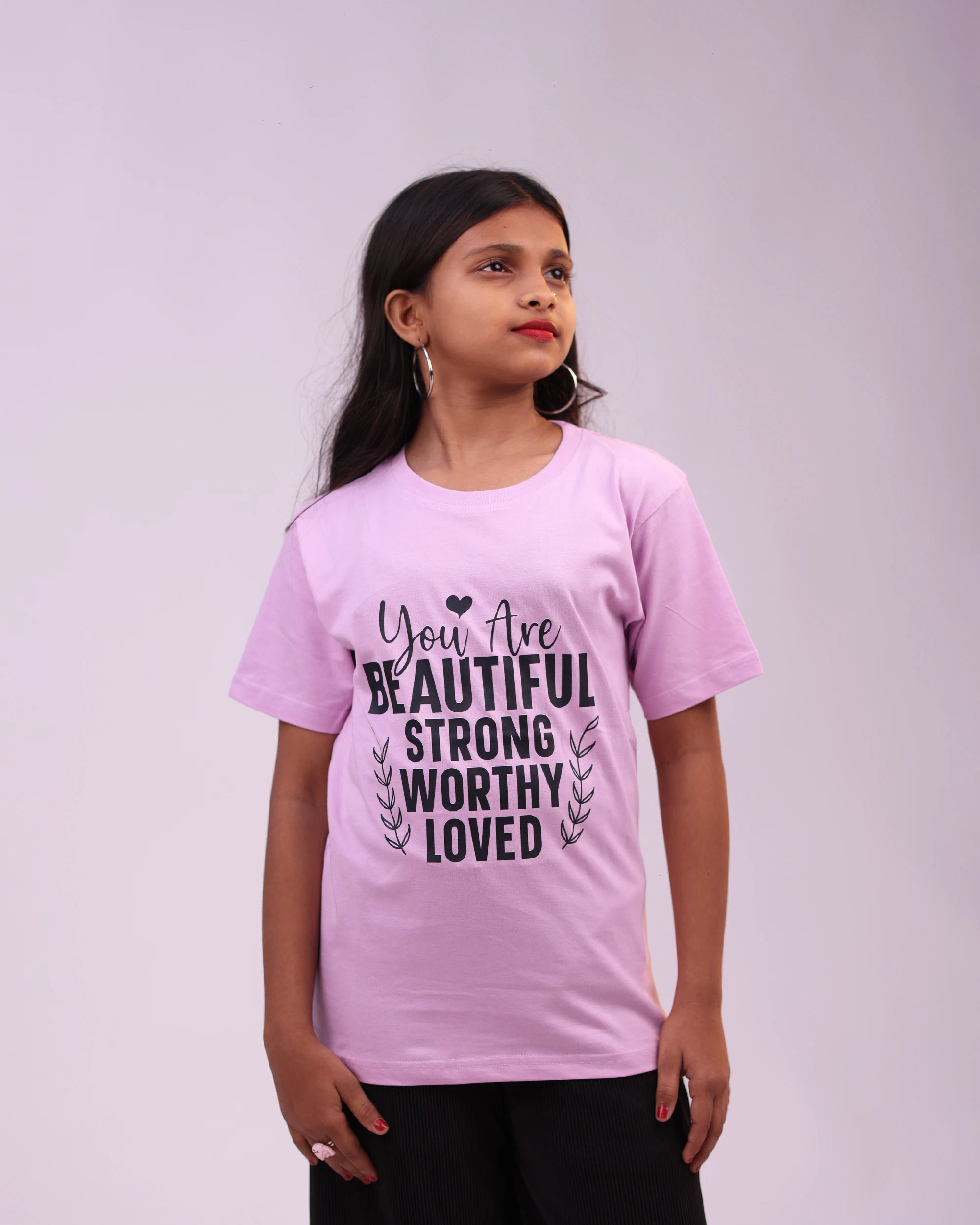 Lilac unisex kids tee “You Are Beautiful, Strong, Worthy, Loved” print – front view