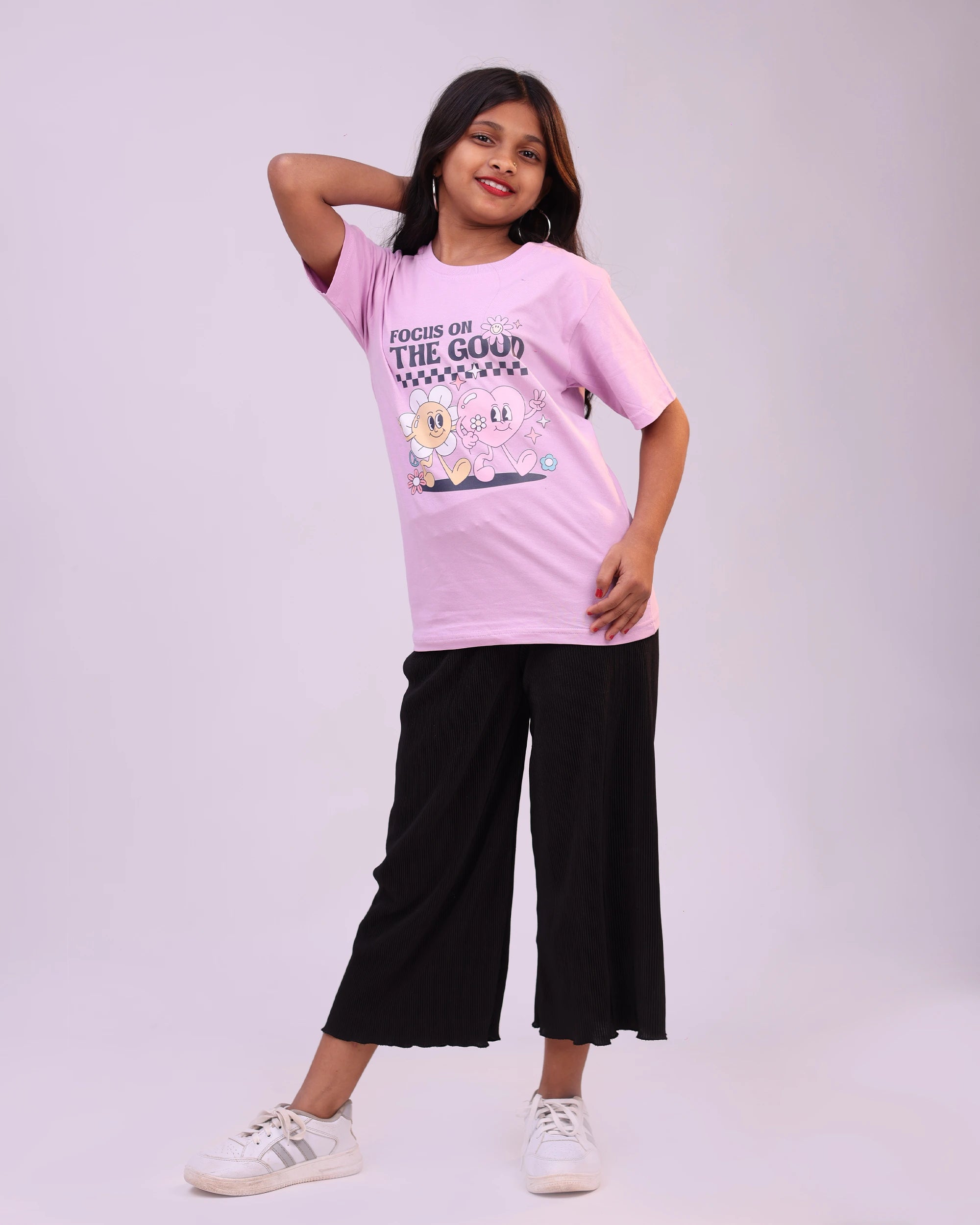 Lilac kids tee “Focus on the Good” front—soft cotton, motivational message for boys & girls in India