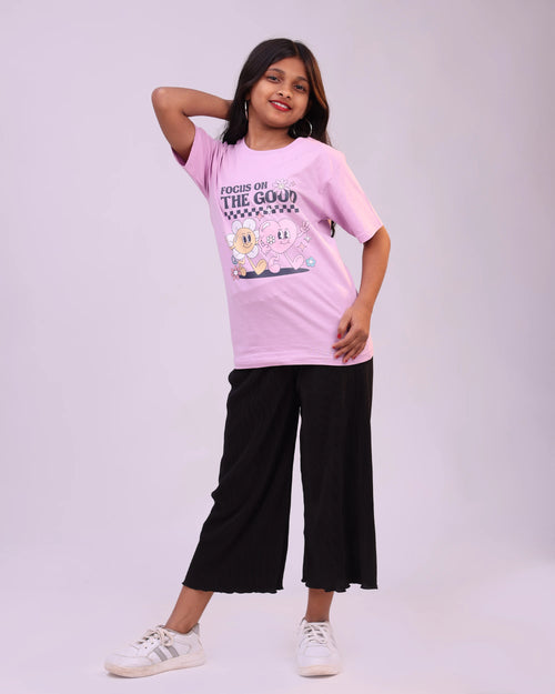 Lilac kids tee “Focus on the Good” front—soft cotton, motivational message for boys & girls in India