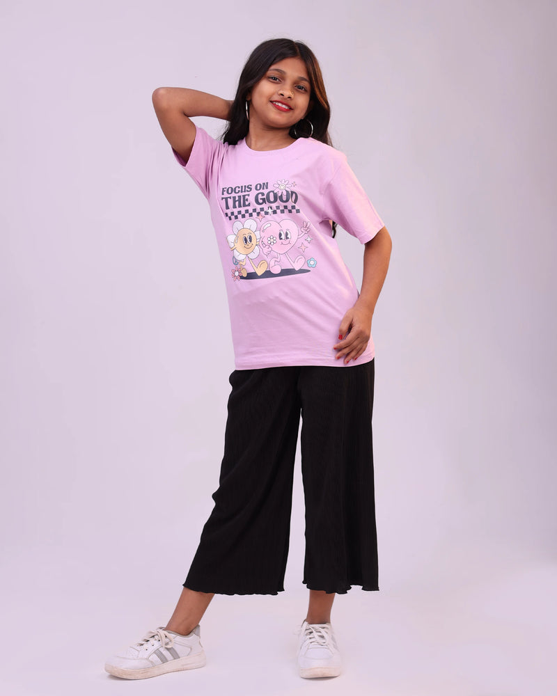 Lilac kids tee “Focus on the Good” front—soft cotton, motivational message for boys & girls in India