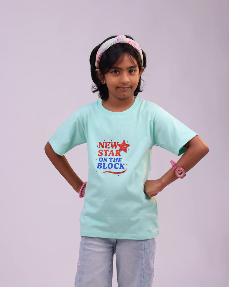 Mint “New Star on the Block” kids tee—front view, playful graphic for boys & girls