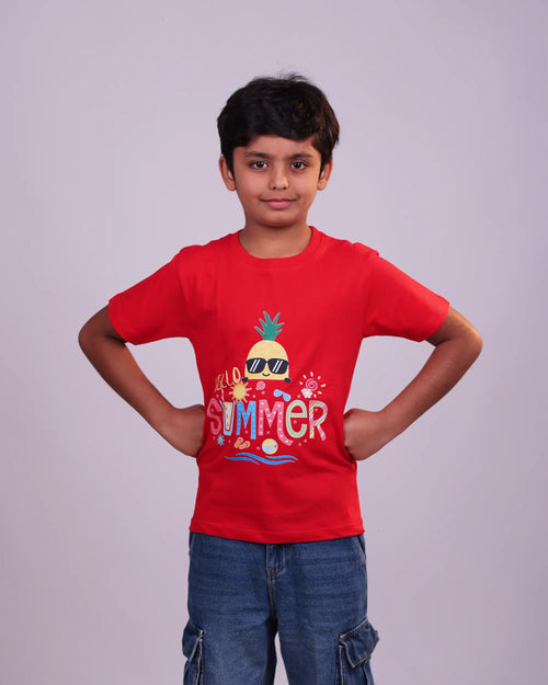 Playful side pose of Hello Summer kids tee – boys & girls fashion