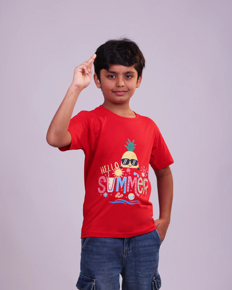 Red Hello Summer kids t-shirt front view – unisex tee India