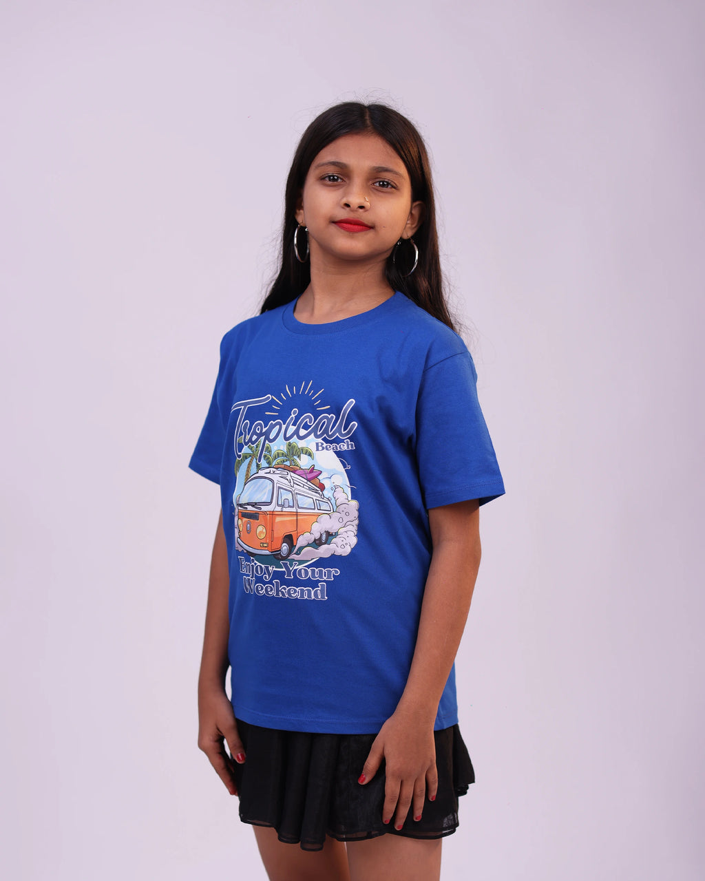 Side pose of Tropical Beach unisex kids t-shirt – boys & girls fashion
