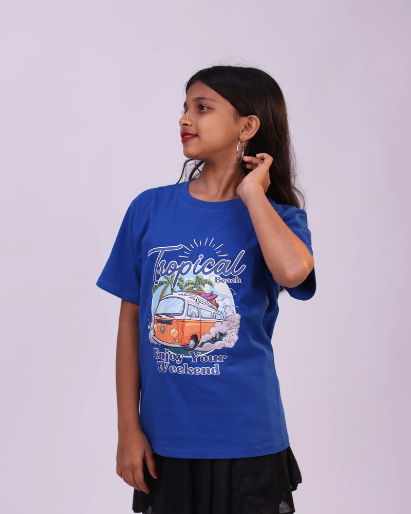 Kids Tropical Beach tee close-up – fun summer print t-shirt India