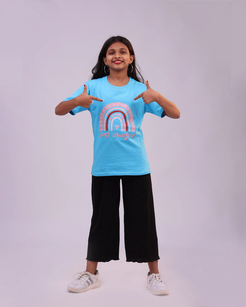 Close-up of “Just Imagine” print on cozy cotton tee for kids of India