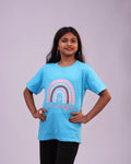 Sky blue “Just Imagine” kids tee front—imaginative print, soft cotton for boys & girls