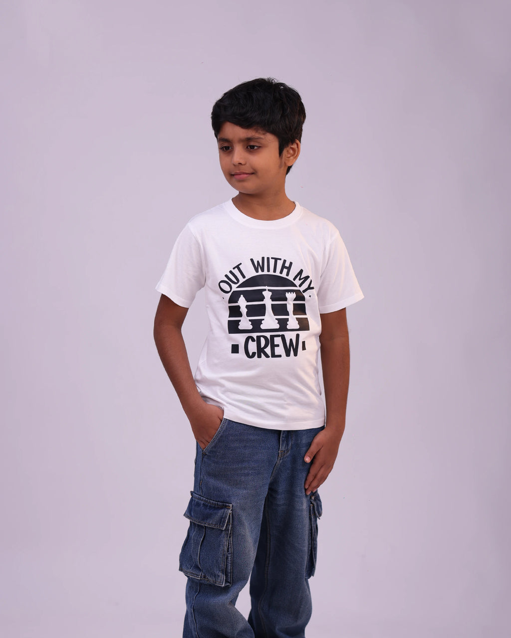 Close-up of “Out With My Crew” print on soft white cotton tee