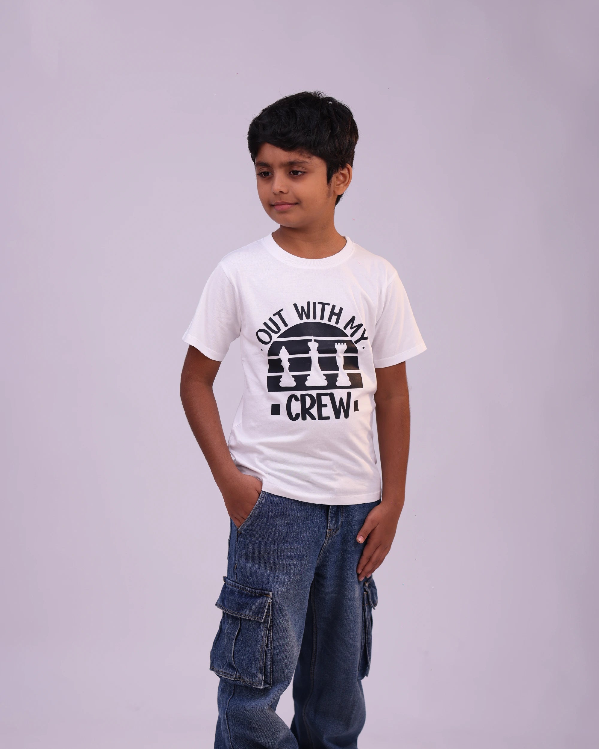 Close-up of “Out With My Crew” print on soft white cotton tee